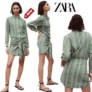 Zara Green striped wrap tie knot front mini shirt dress button front Sz S NWOT